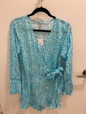 Turquoise Floral Wrap Romper with Tie Waist